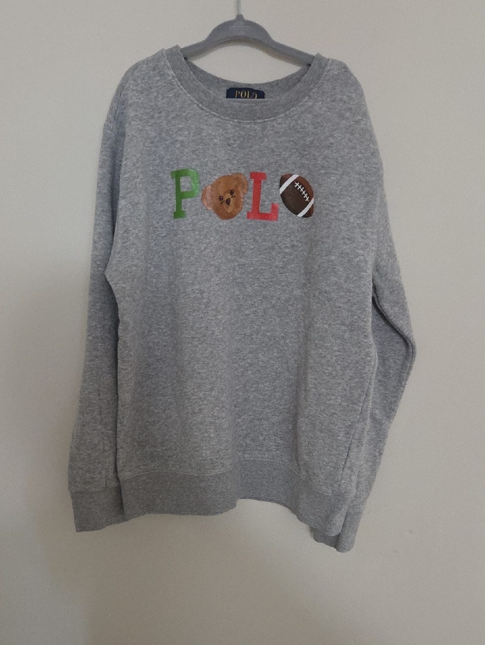 Polo by Ralph Lauren Gray Crewneck Sweater with Embroidered Bear & Football